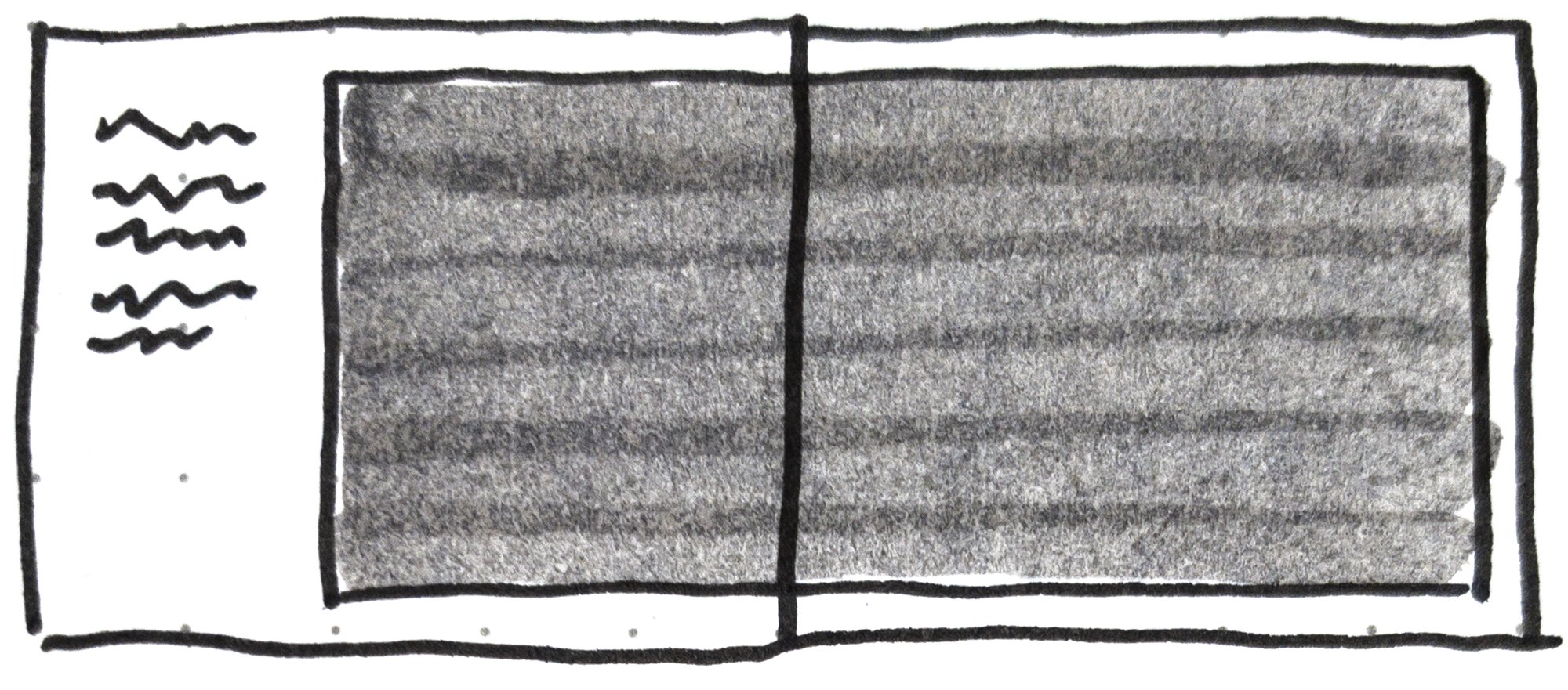   Fig. 5  - Sketch from my notes of a single panel layout with words on the far left in David Wiesner’s children’s book, June 29, 1999. 
