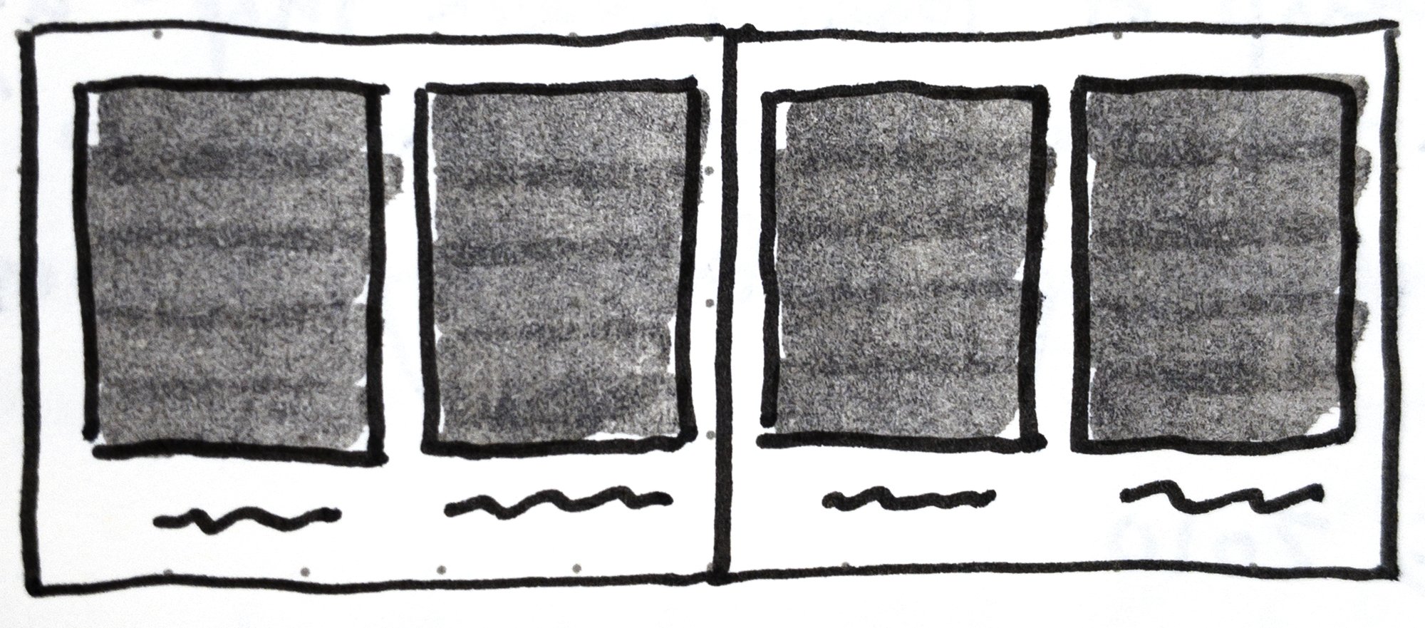   Fig. 6  - Sketch from my notes of a four panel layout with words under each panel in David Wiesner’s children’s book, June 29, 1999. 