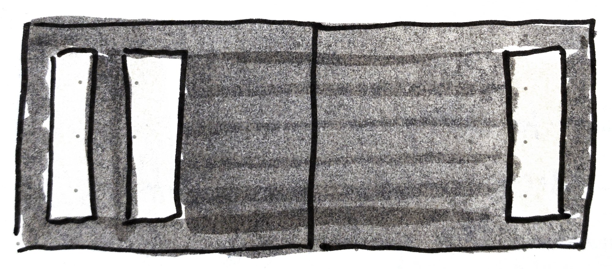   Fig. 3  - Sketch from my notes of a full-bleed layout of artwork with three inset panels in David Wiesner’s children’s book, Tuesday. 